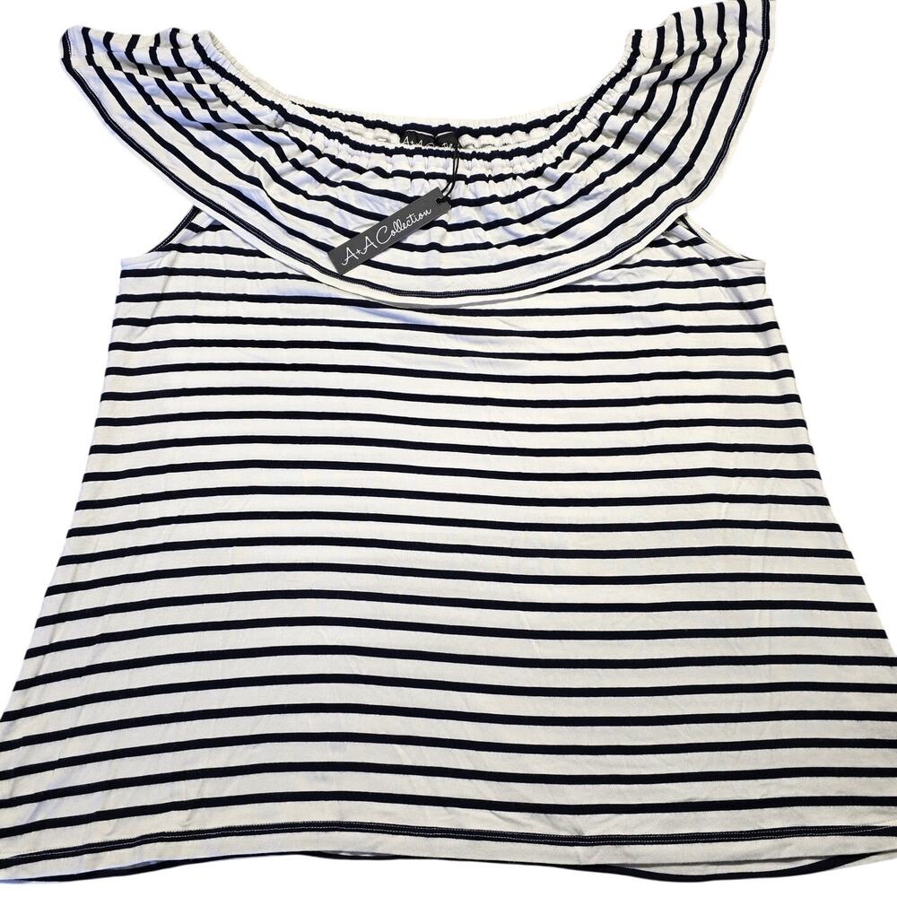 A+A Collection White Navy Stripe Shirt NEW Ruffle Scoop Cap Sleeves Women Size S